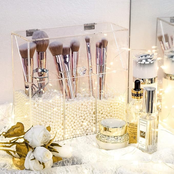 YestBuy Clear Makeup Brush Holder, Acrylic Makeup Brush Organizer For Vanity, Cosmetic Brush Storage Box with Pearls, For Bathroom, Bedroom, Vanity Countertop