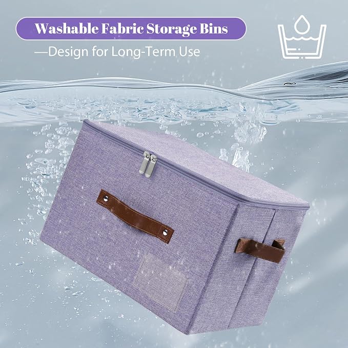 ANMINY Storage Bins with Zipper Lid Storage Boxes with Label Holder PU Leather Handles Washable Foldable Decorative Lidded Cotton Linen Fabric Cubes Baskets Closet Organizer - Purple, Small