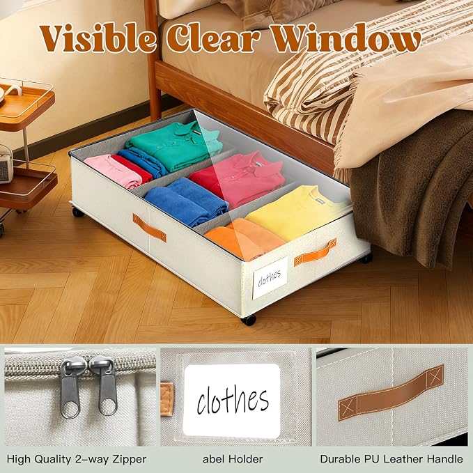 Under Bed Storage with Wheels, Rolling Storage Containers with Clear Lid and Handles for Clothes, Shoes, Blankets, Pillows, Toys, Books, Bags (60L, 30.9 x 16.9 x 6.7in, Beige, 2 Pack)