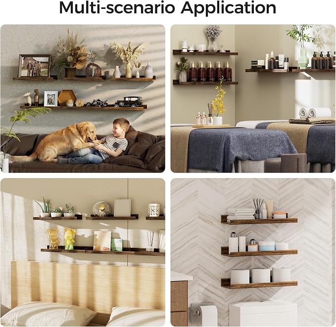 upsimples 6 Pack Wooden Floating Shelves, Wall Storage Decor Shelf for Bathroom, Bedroom, Living Room, Kitchen, Office and Laundry Room, Wall Mounted Display Hanging Shelf, Brown