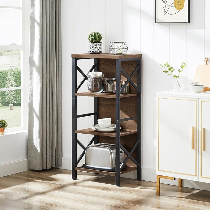 MNEETRUNG Small Bookshelf,4 Tier Industrial Bookcase with Metal Frame and Backboard,Narrow Rustic Brown Book Shelf,Book case for Small Spaces,Living Room,Bedroom and Home Office