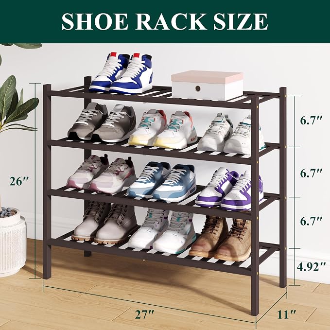 Smiry Bamboo Shoe Rack for Closet, 4 Tier Wooden Shoe Organizer, Stackable Wood Shoe Storage Shelf for Entryway, 14 Vertical Slats, 2+2 Stack Heavy-Duty Legs, 26.77"x11.02"x25.98", Brown