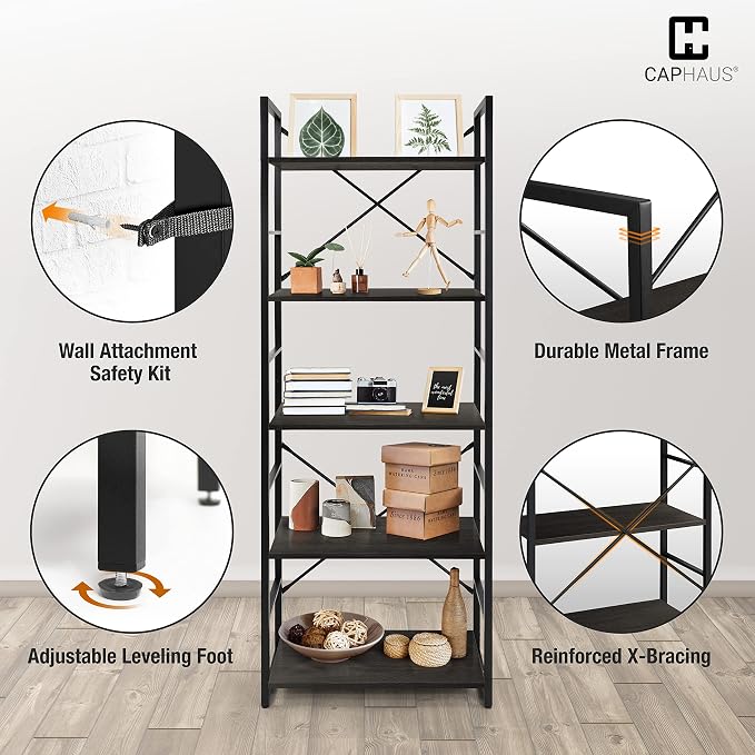 CAPHAUS 5 Tier Bookshelf, 24 Inch Width Free Standing Shelf, Bookcase Shelf Storage Organizer, Industrial Book Shelves for Home Office, Living Room, Kitchen, Black Vintage Shelves & Metal Frame