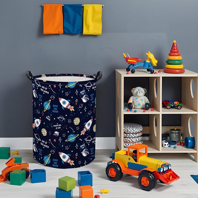 Kids Laundry Basket Baby Hamper for Nursery Boys Kids Hamper Cute Kids Toys Storage Bin Organizer Butterfly Room Decor for Home(Rocket Planet)
