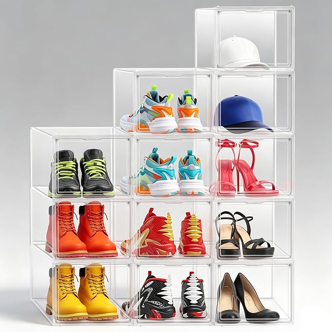 1 Pack Clear Shoe Storage Boxes Stackable, Large Sneaker Organizer with Acrylic Magnetic Door, Plastic Drop Front Shoe Containers for Men up to Size 12.5, Transparent Shoe Organizer for Closet