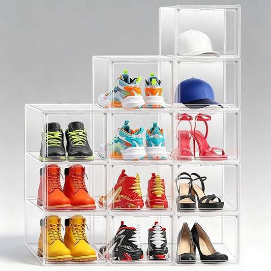 1 Pack Clear Shoe Storage Boxes Stackable, Large Sneaker Organizer with Acrylic Magnetic Door, Plastic Drop Front Shoe Containers for Men up to Size 12.5, Transparent Shoe Organizer for Closet