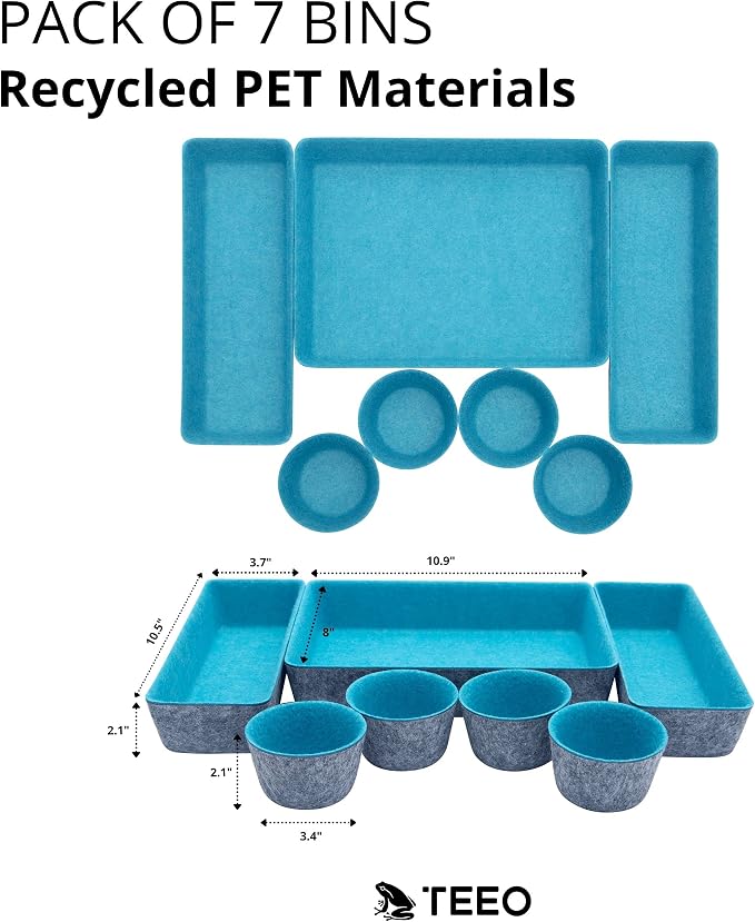 Teeo - Desk Organizer Drawer - Makeup Drawer Organizer Trays - Bathroom Drawer Organizer - Small Desk Organizer - Home Office Cosmetic Bins Dividers Compartment Organization - Pack of 7, Turquoise