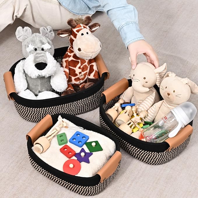 Storage Baskets for Organizing, Small Woven Basket Set of 6-4 Shelf Basket with Leather Handle and 2 Small Gift Baskets, Cotton Rope Basket for Shelves, Nursery, Dog Toy, Bathroom