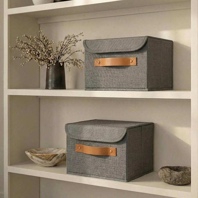 Decorative Linen Storage Boxes with Lids - Spacious Set of 2 Organizer Bins for Your Home Decor - The Perfect Small Container to Safely Store Photos, Documents and Memory Box Keepsakes in Style