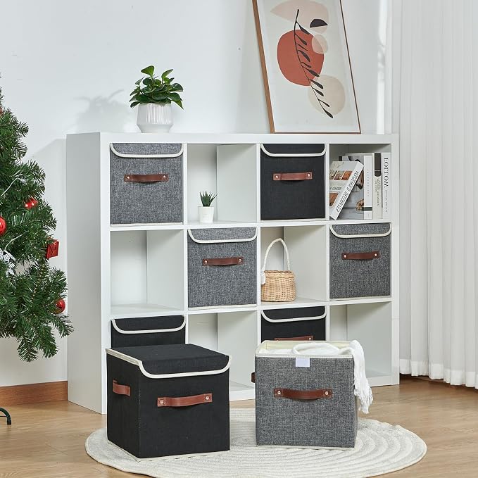 4PCS Storage Cubes with Lid Fabric Storage Bins Boxes PU Leather Handles Cotton Linen Closet Organizer Container Decorative Foldable Washable Shelf Cloth Basket (Flip-top Lid, Black, 11in)