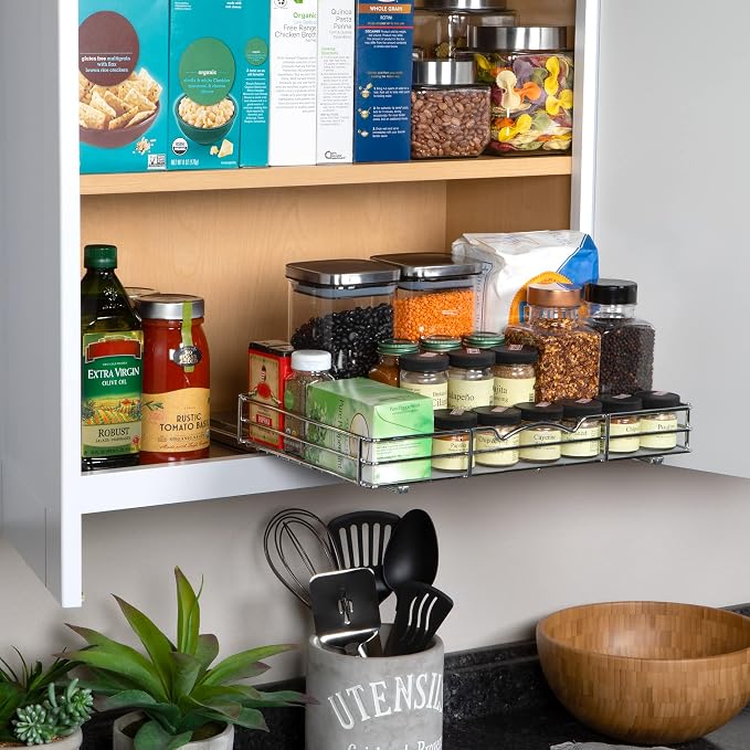 Pull-Out Cabinet Spice Rack Organizer, 16 ⅜"W x 10 ⅜"D x 2 ¾"H | Slim Slide-Out Storage for Spices, Bottles & Jars, Premium Heavy-Duty Steel, Easy Install for Narrow Kitchen Cabinets, Chrome