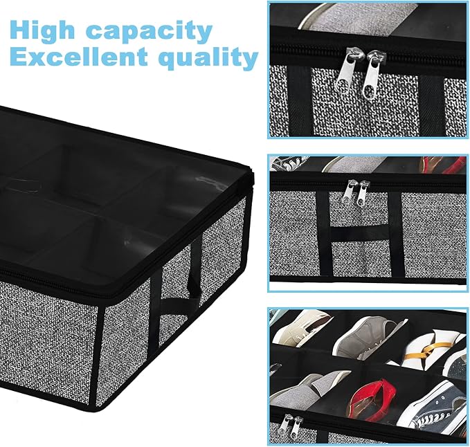 Under Bed Shoe Organizer Storage for Closet 2 Pack- Fits 24 Pairs Underbed Shoes Container Boxes with H Shap Sturdy Handles and Clear Window,Foldable Shoe Rack Holder,Black