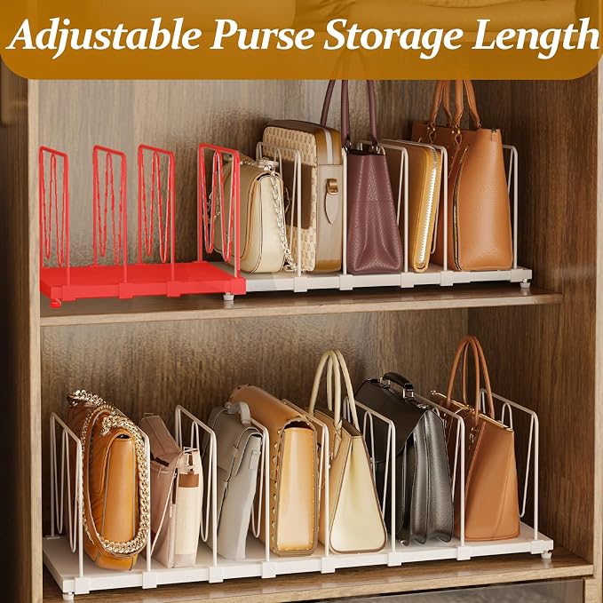 Dmevkic Extendable Purse Organizers Purse Storage. Length 16-28 in. Bag Organizer Purse Holder for Closet with 8 Adjustable Shelf Dividers Patent Pending