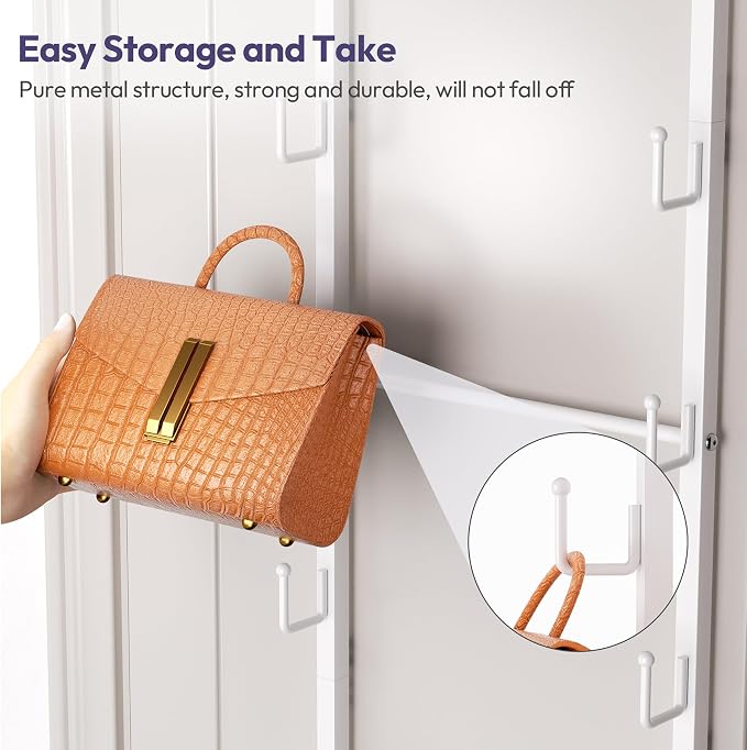 SWTYMIKI Over The Door Purse Organizer - Wall Mounted Purse Rack with 10 Hooks and Metal Basket, Handbag Hanger Organizer Holds up to 10 Bags, Bag Rack Can Use As 1/2 Part, for Door, Closet