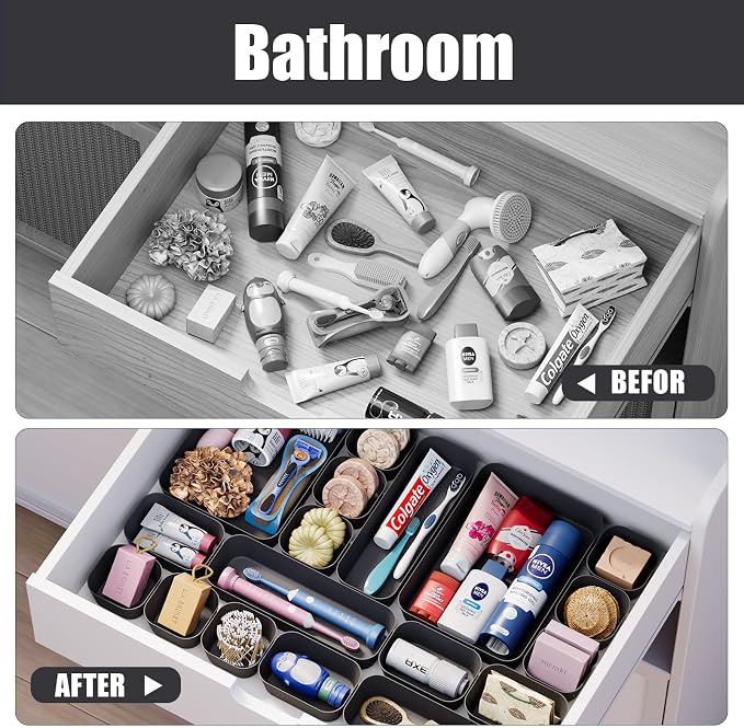 Drawer Organizers Bins 18 PCS for Bathroom Makeup Desk Office | with Non-slip Pads, 4 Sizes, Plastic Tray, Vanity Organizer, Kitchen Utensils Organizer