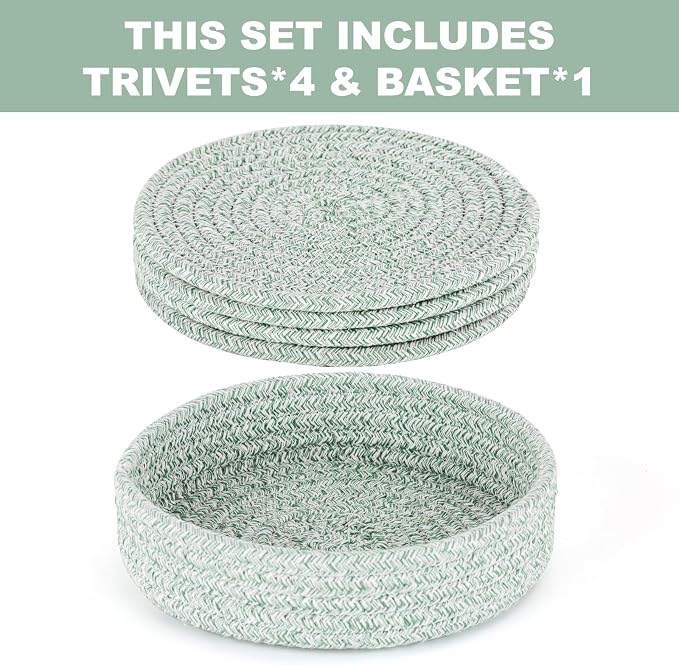Trivets for Hot Dishes, Pots and Pans, Heat Resistant Hot Pads with Storage Basket, Pot Holders for Kitchen Countertop, Trivet Mats Home Essentials Farmhouse Decor (Green 4 Pcs)