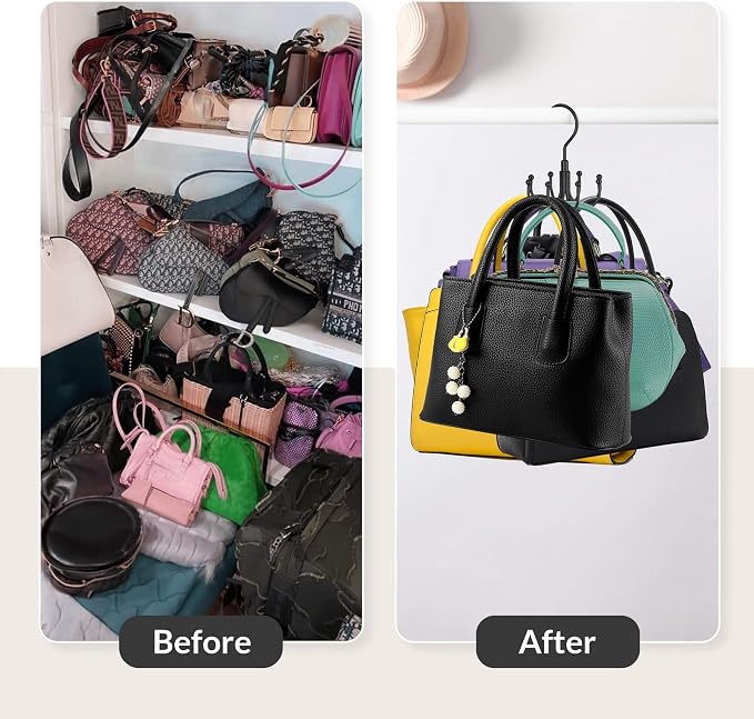 ZEDODIER Purse Hanger Organizer for Closet, Rotatable Sturdy Purses Holder Holds 8 Bags, Metal Space Saving Closet Organizers and Storage, Black