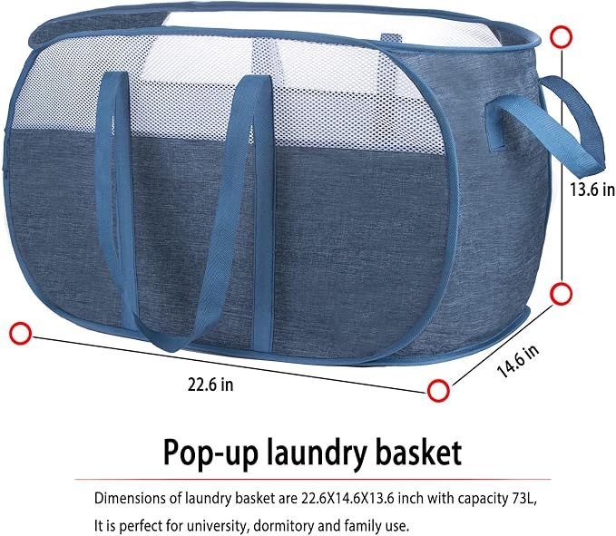 Pop Up Laundry Hamper，with Durable Handles collapsible laundry basket，Easy to Open and Fold for college Dorm,kids room，travel (Blue)…