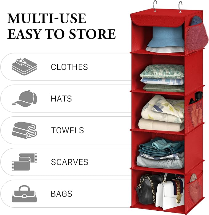 Simple Houseware 5 Shelf Hanging Closet Organizer, Red