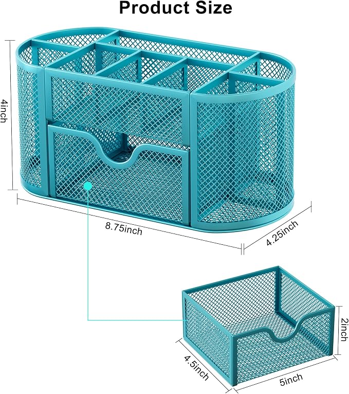 EasyPAG Mesh Pen Holder Desk Organizer with Drawer Stationery Supplies Organizer for Dorm School 9 Compartments Workspace Desk Accessories Organization for Office, Blue
