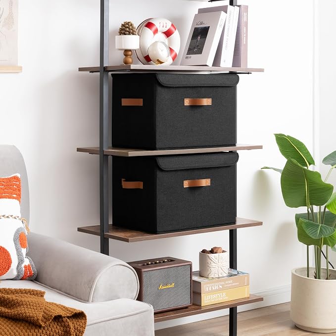 GRANNY SAYS Black Storage Bins with Lids, Decorative Storage Boxes with PU Handles, Linen Closet Organizer, Storage Baskets for Shelves, Fabric Storage Bins for Clothes, Extra Large