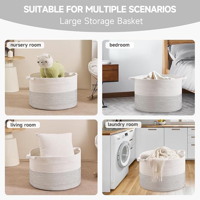 CLHMILY&Z Large Woven Storage Basket - 22x14.2 Inches - Modern Nursery Bin, Round Baby Toy Organizer, Soft Cotton Hamper for Home Decor, Multi-Purpose Home Tidy Solution