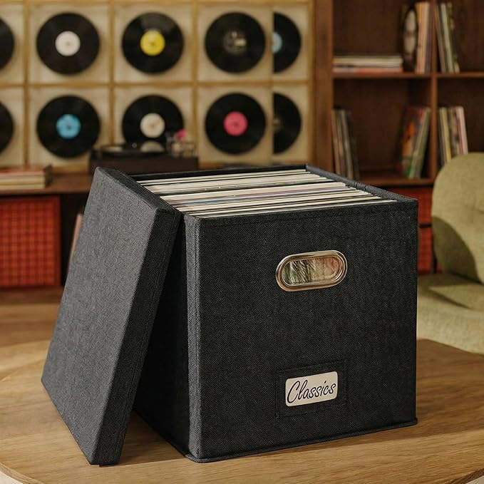 ZICOTO Decorative Vinyl Record Storage Box for 50+ Single Records - Sturdy and Easy to Carry LP Holder with Lid - The Perfect Storage Crate for Your Valuable Album Collection