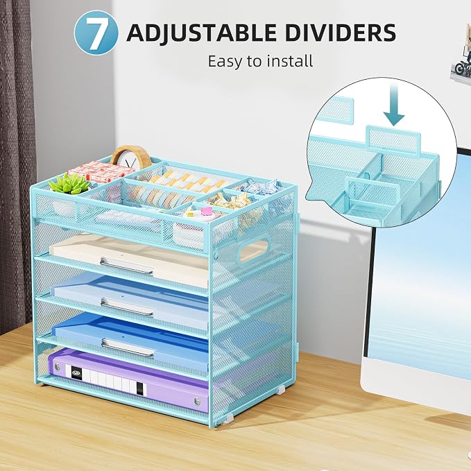Marbrasse 5 Tier Paper Organizer Letter Tray, Mesh Desk File Organizer with Handle, Paper Sorter Desk Organizer for Home Office Supplies - Blue, Adjustable