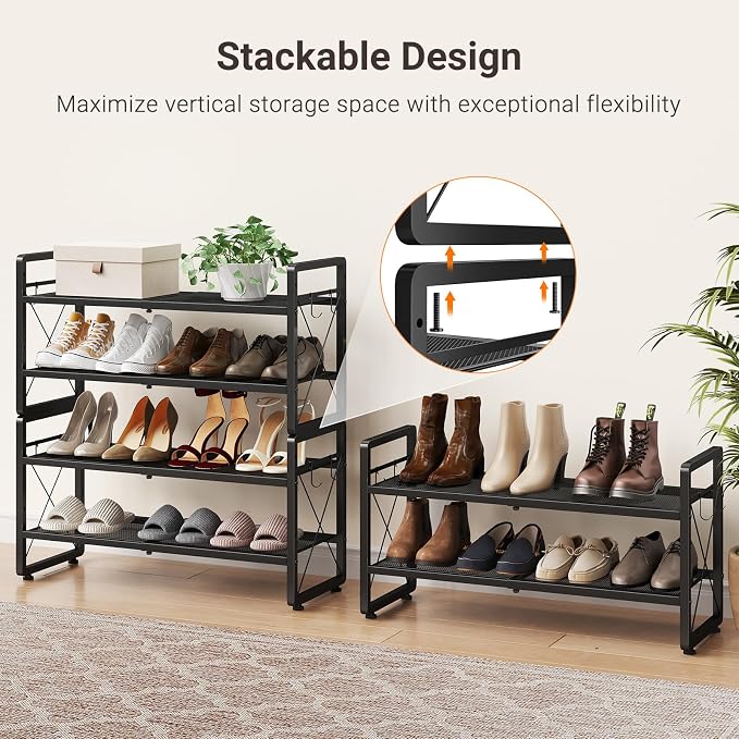 ELYKEN Shoe Rack, 2-Tier Expandable Shoe Organizer for Closet, Metal Black Shoe Shelf with 4 Hooks, Adjustable Shoe Stand Holder for Entryway, Garage, Door Entrance