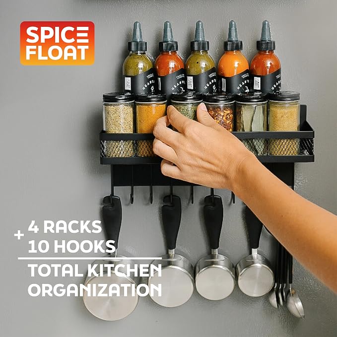 Houseify SPICE FLOAT Magnetic Spice Organizer Racks - 4 Premium Metal Racks + 1 Hanging Hook Bar Kitchen Shelf - Seasoning Organizer For Kitchen Appliances (3.94" x 12.2" x 3.15")