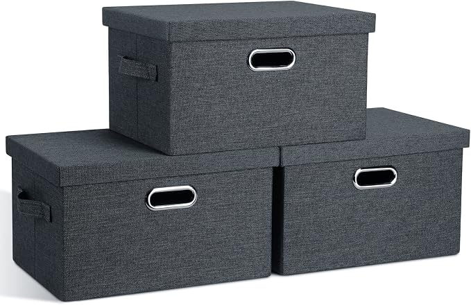 Graciadeco Medium 15" 21 Quart Collapsible Stackable Storage Bins with Lids, 3 Packs Dark Grey Foldable Fabric Closet Boxes Heavy-duty Linen Cube Baskets Container for Bedroom Office (15 x 11 x 8)
