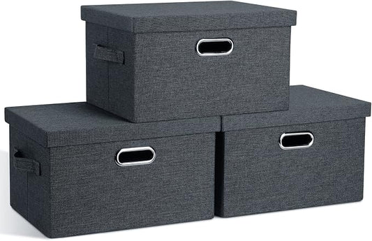 Graciadeco Medium 15" 21 Quart Collapsible Stackable Storage Bins with Lids, 3 Packs Dark Grey Foldable Fabric Closet Boxes Heavy-duty Linen Cube Baskets Container for Bedroom Office (15 x 11 x 8)