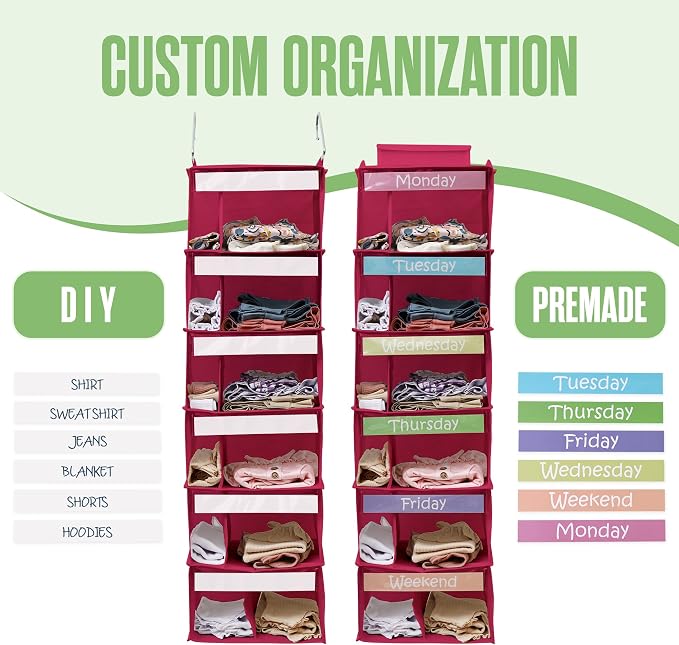 Houseables Kids Clothes Organizer, Weekly Clothes Organizer for Kids, Closet Daily Outfit Storage, Monday Through Friday Clothing Planner, Day of The Week, Weekday, School, Hanging, 6 Shelf, Pink