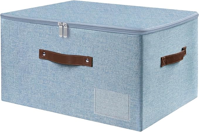 ANMINY Storage Bins with Zipper Lid Storage Boxes with Label Holder PU Leather Handles Washable Foldable Decorative Lidded Cotton Linen Fabric Cubes Baskets Closet Organizer - Blue, Large