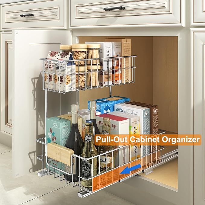 ROOMTEC Pull Out Cabinet Organizer, Under Sink Slide Out Storage Shelf with 2 Tier Sliding Wire Drawer, Sliding Storage for Inside Kitchen Cabinet- 11½ in. W x 21½ in. D (Left)