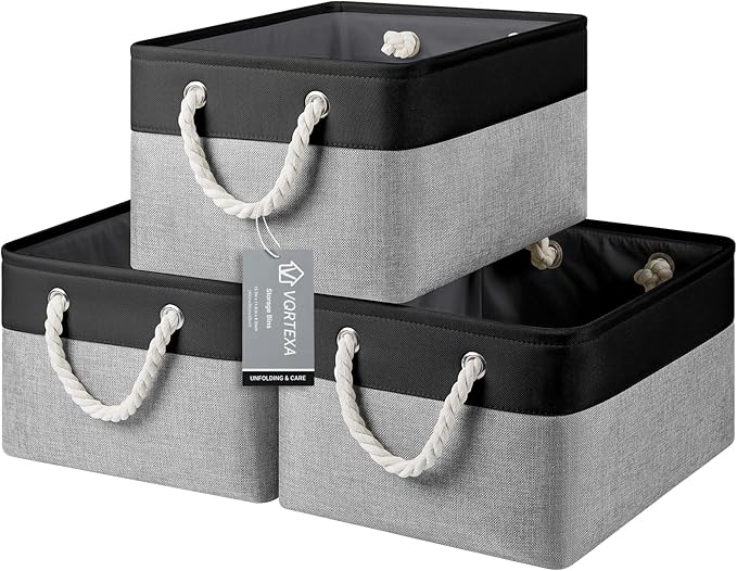 Large Storage Baskets- 15.7x11.8x8.26 inch Storage Bins for Shelves and Closet Organizing, Foldable Fabric Bin for Home Organization Clothes and Laundry (3-Pack, Black&Gray)