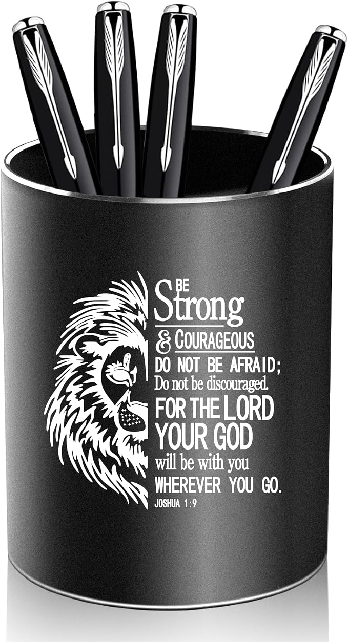 Christian Gifts,Metal Pen Holder Aluminum Pencil Holder for desk,Round Desktop Organizer and Black Pencil Cup for Office, School, Home and Stationary Supplies (Joshua 1:9)
