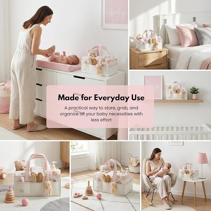 PeraBella Baby Diaper Caddy Organizer, XL Baby Basket Shower Gift Caddy, Portable Felt Changing Table Basket, Nursery Storage Bin, Newborn Boy and Girl Essentials for Registry, Car Diaper Organizer