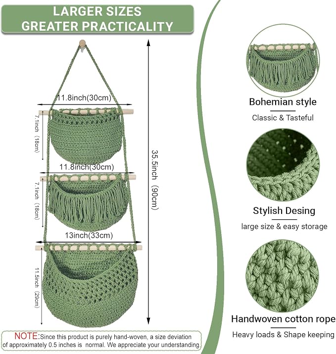 Halidali 3 Tier Hanging Fruit Baskets for Kitchen, Boho Cotton Rope Handwoven Vegetable Hammock Produce Storage Wall Mounted Large Organizing Basket for Farmhouse Decor, Onion, Potato (Green)