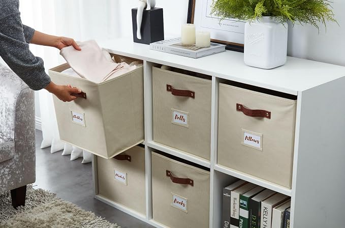 DECOMOMO Storage Bins, Cube Storage Bin with Labels | 13" x 13" x 13" Fabric Storage Cubes for Shelves (6pcs, Beige)