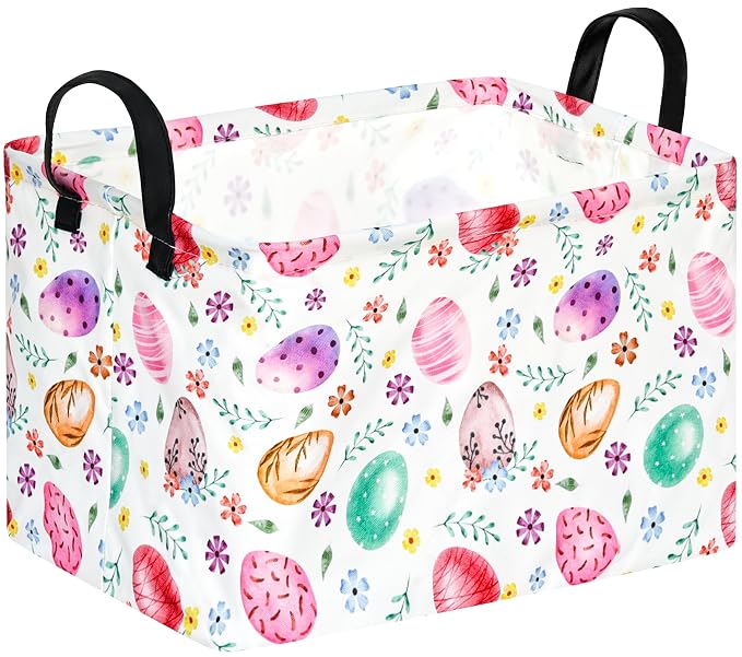 Rectangular Easter Basket Storage Bin for Shelves Cute Gifts Baskets Foldable Box with Handles for Boy and Girl Home Office Car Dormroom Easter Party Supplies