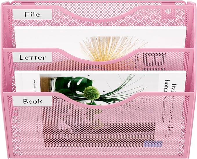 EasyPAG 3 Pocket Mesh Wall File Organizer, Hanging Paper Folder Holder with Classify Label, Vertical Wall Mount Mail Organizer for Office Home Classroom, Pink