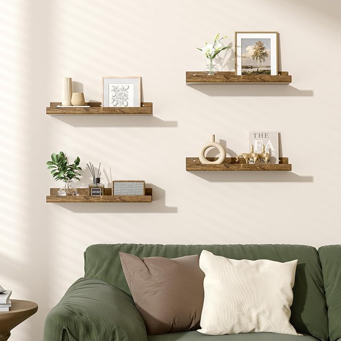 upsimples 4 Pcs 15" Acrylic Shelves for Wall Decor and Display, Rustic Wood | Cute Floating Shelf for Perfume, Skincare, Nail Polish, Wall Organizer for Bedroom, Living Room, Playroom, Room Décor