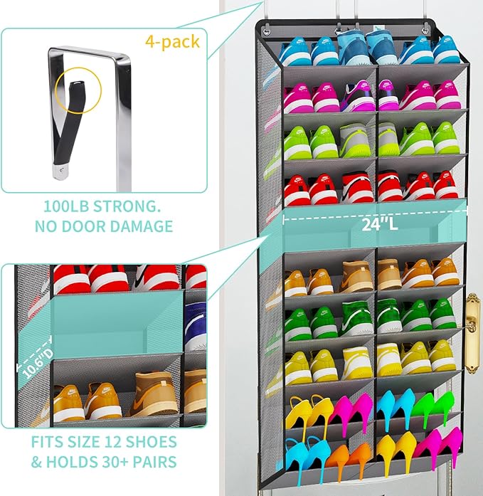 Large Shoe Rack for Door 74 x 24 Inches, Over the Door Shoe Organizer, Heavy-Duty Hanging Shoe Storage for Closet, Extra-Wide 30 Pairs Shoe Holders Fit Family Sneakers Heels Boots - Grey