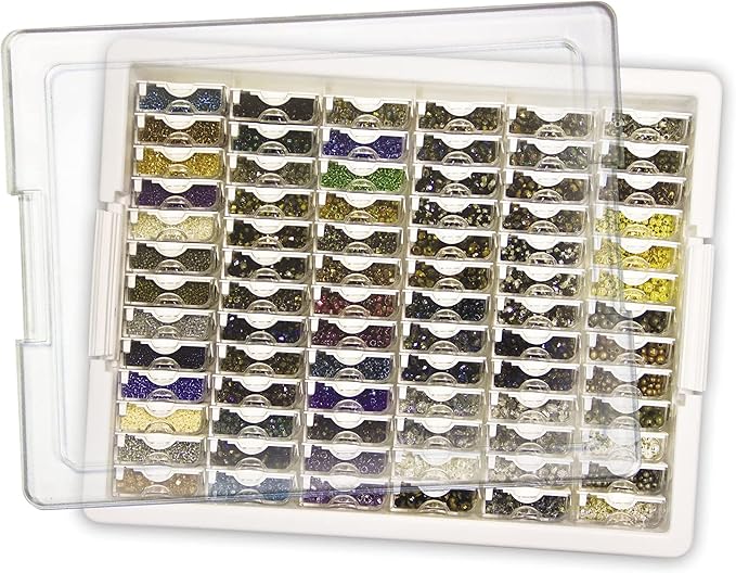 Elizabeth Ward Bead Storage Solutions Plastic Storage Tray and Bead Organizer with 78 Containers of Various Sizes, Tray, and Lid for Beads, Clear
