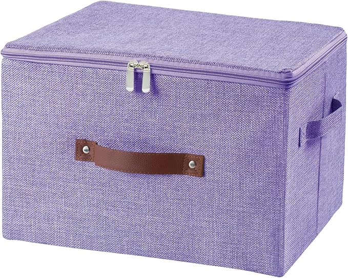 Storage Bins with Zipper Lid Foldable Fabric Lidded Storage Boxes Baskets Cubes Washable Collapsible PU Leather Handle Cotton Linen Shelves Closet Organizer Container(Purple, Large Size)