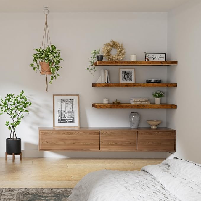 QEEIG 12" Deep Floating Shelves for Wall - 12 x 36 inch Book Shelf Bathroom Bedroom Kitchen Living Room Hanging Bookshelf Farmhouse Set of 3, Brown (026-90BN3)