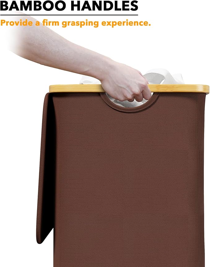 SpaceAid Laundry Hamper with Lid, 110L Large Tall Clothes Basket Bin with Bamboo Handles, Collapsible Laundry Hamper for Bedroom, Bathroom, Dorm, Laundry Room - Brown