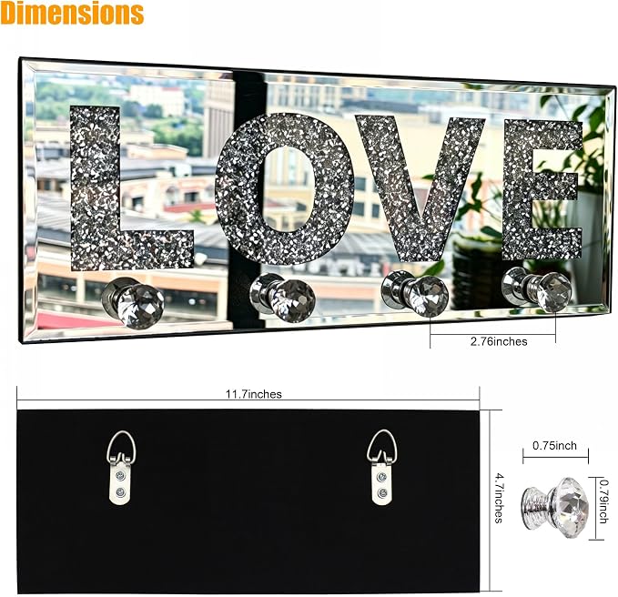Crushed Diamond LOVE Key Holder, Silver Mirror Wall Decor,11.8" ,4 Hooks | crushed diamond silver mirror with safe beveled edges,4 2-lb capacity acrylic hooks ,shatterproof, for keys/scarves/bags etc.