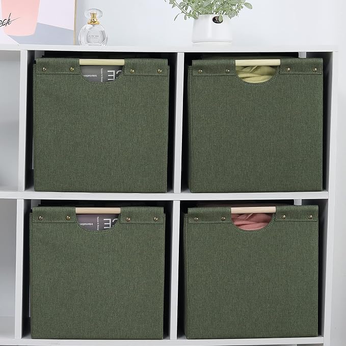 HOONEX Large Collapsible Storage Bins, Linen Fabric, Pack of 2, Storage Baskets with Wooden Carry Handles and Sturdy Heavy Cardboard, for Home, Office, Car, Nursery, Olive